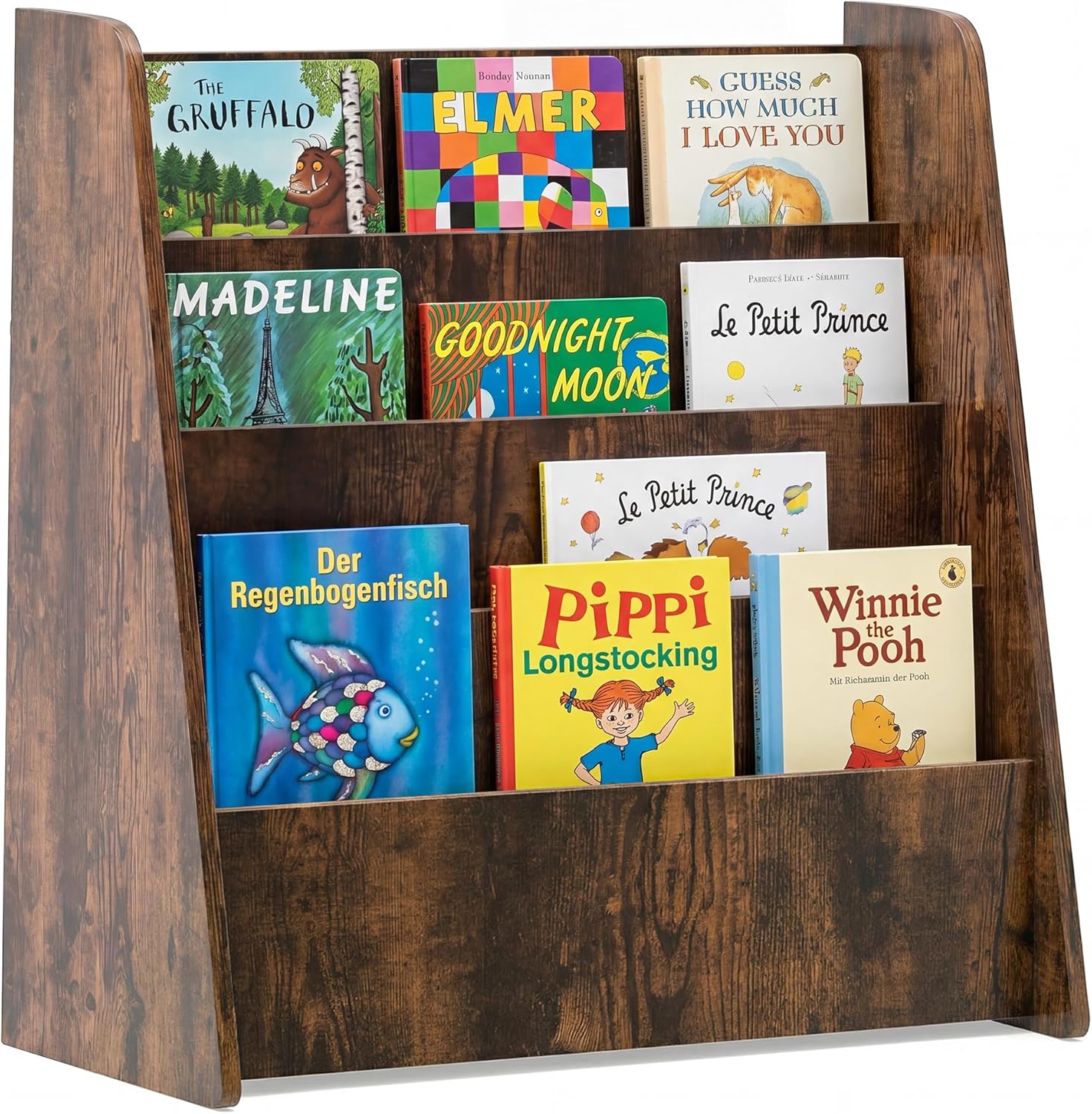 GLACER 4-Tier Kids Bookshelf, Wood Toddler Bookcase with Deep Magazine Display Shelf & Back Storage Space, Children Storage Organizer for Nursery, Playroom, Kids Bedroom, Classroom (Rustic Brown)