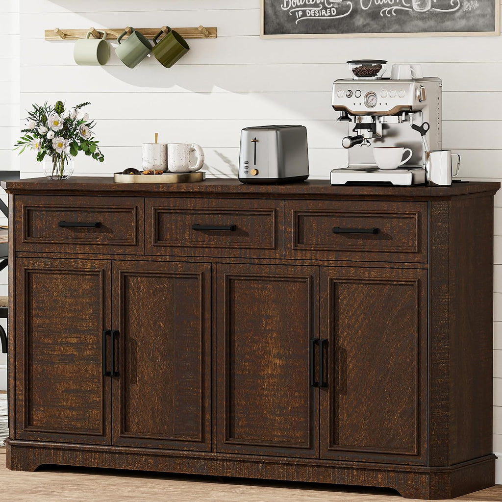 Farmhouse Buffet Sideboard with Storage, 64" Wood Credenza with 3 Drawers & 4 Doors, Walnut Cabinet for Kitchen, Entryway, Coffee Bar