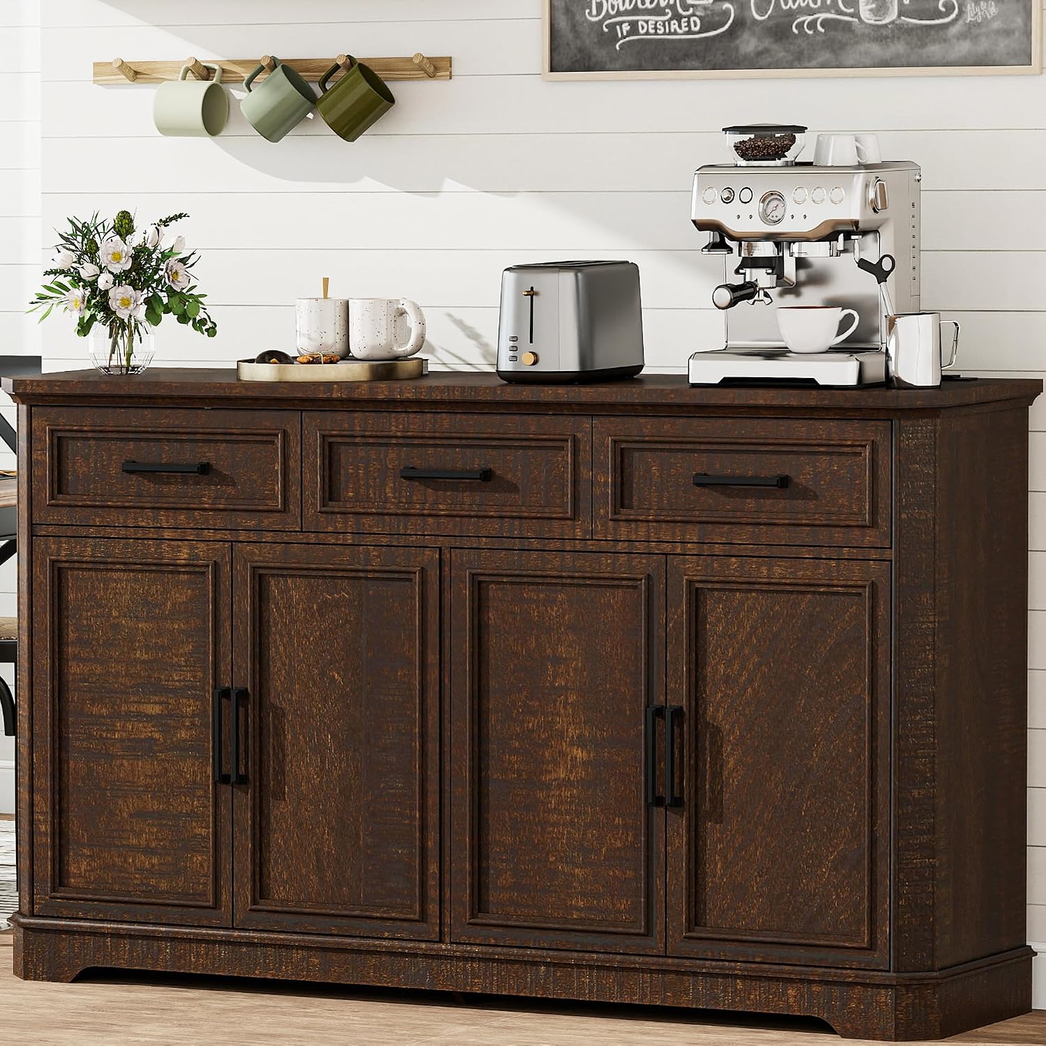 Farmhouse Buffet Sideboard with Storage, 64" Wood Credenza with 3 Drawers & 4 Doors, Walnut Cabinet for Kitchen, Entryway, Coffee Bar