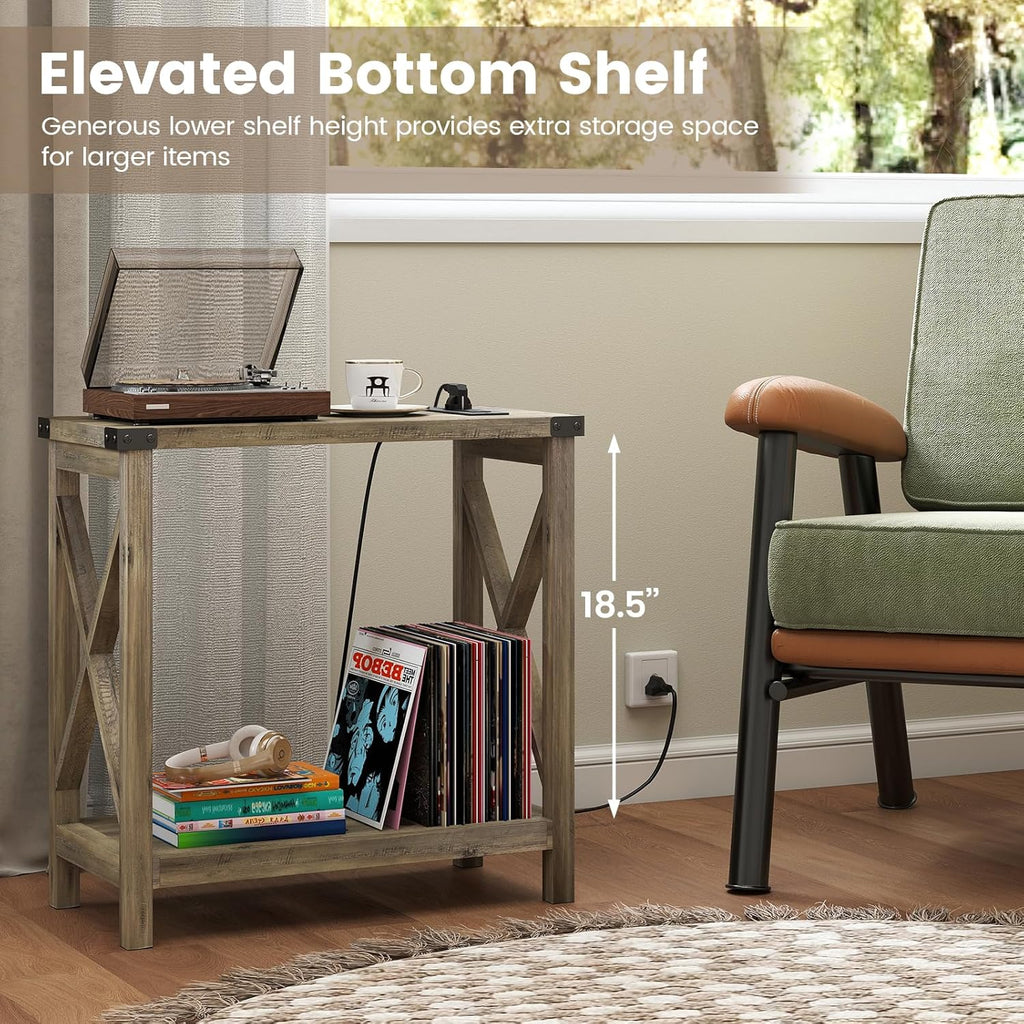Hadulcet Farmhouse End Tables Living Room Set of 2 - Narrow Side Table with Charging Station, Slim Nightstand for Small Space, Skinny Bedside Table, Sofa Side Table with Storage Shelf, Elegant Gray