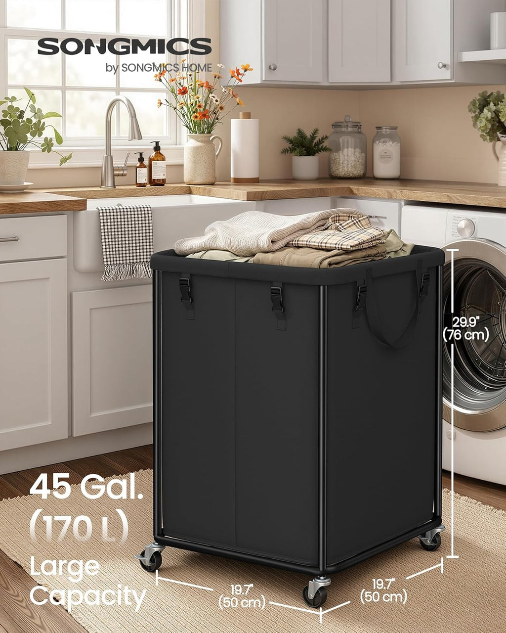 SONGMICS Laundry Basket with Wheels, Rolling Laundry Hamper with Steel Frame, Removable Liner Bag,45 Gallon (170 L), Ink Black URLS031BH01