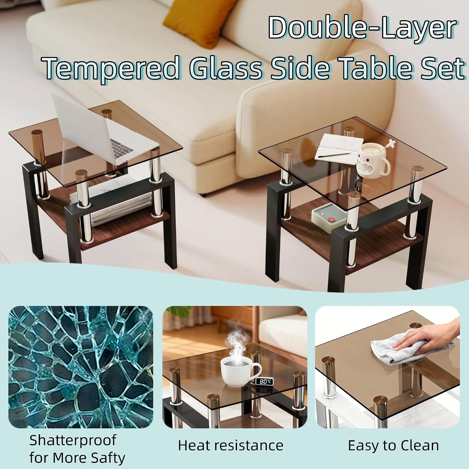17.72'' Glass Side Table Set of 2, 2 Tier Couch End Table with Tempered Glass Top & Metal Lges, Black End Tables with Brown Top, Small Nightstand Set of 2 for Living Room, Small Space