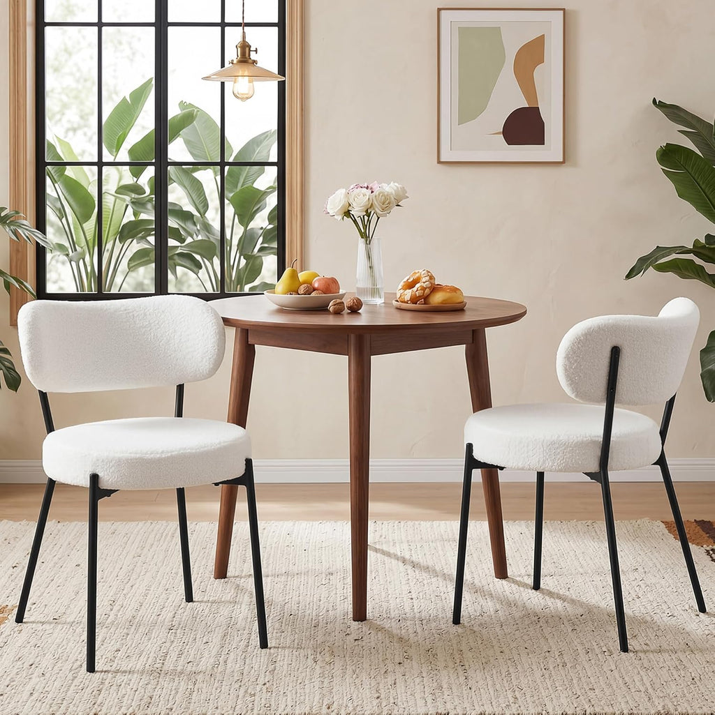 VECELO Dining Chairs Set of 4, Modern Mid Century Upholstered Kitchen Chairs with Curved Backrest and Black Metal Legs, for Kitchen, Dining Room, Living Room, White