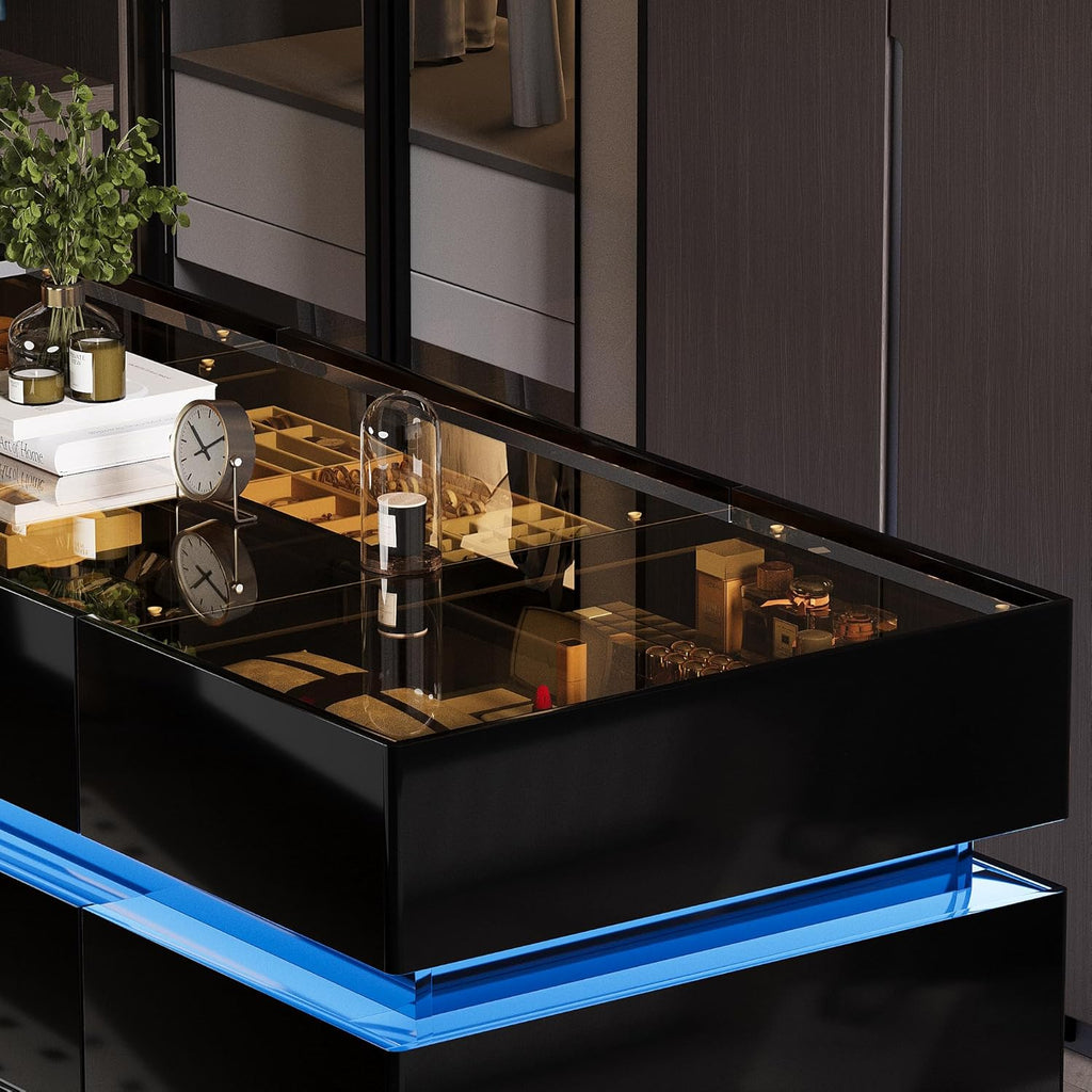 Luxury Glossy Closet Island with 16 Drawers, Modern LED Wardrobe Armoire Island with Glass Top, Luxury Walk-in Closet Island for Cloakroom (Black)