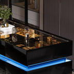 Luxury Glossy Closet Island with 16 Drawers, Modern LED Wardrobe Armoire Island with Glass Top, Luxury Walk-in Closet Island for Cloakroom (Black)
