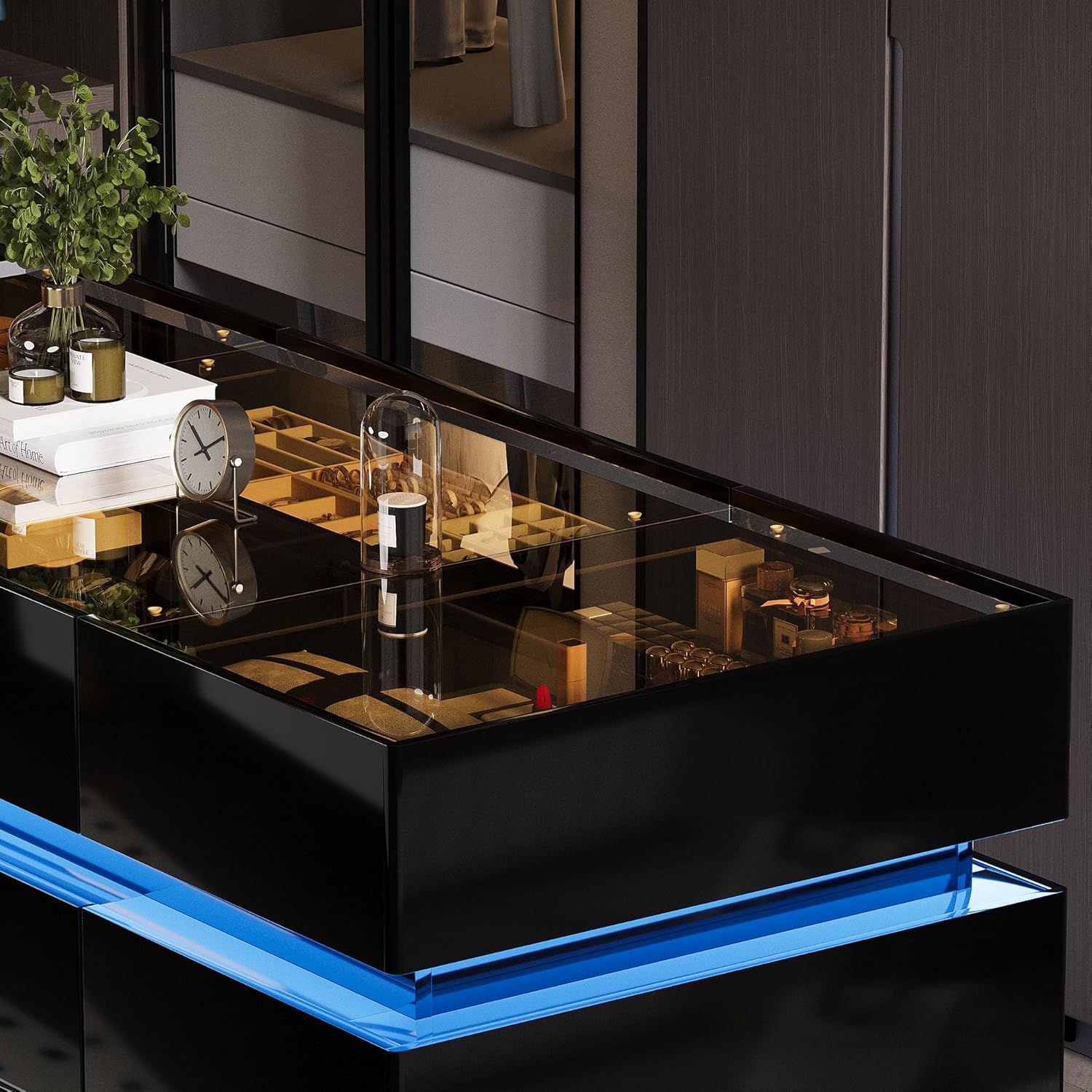 Luxury Glossy Closet Island with 16 Drawers, Modern LED Wardrobe Armoire Island with Glass Top, Luxury Walk-in Closet Island for Cloakroom (Black)