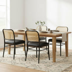 Rattan Dining Chairs Set of 4, Upholstered Faux Leather Dining Chairs with Cane Back, Mid Century Modern Kitchen & Dining Room Chairs, Boho Style, Black