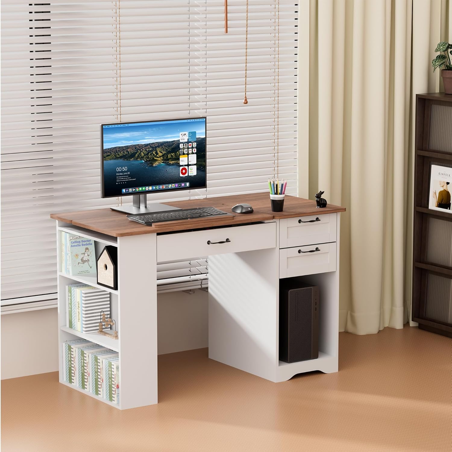 Drafting Table with Storage Cabinet & Drawers, Adjustable Drawing Desk with Open Shelves, Craft Table Painting Desk for Artists, Painters, Drawing, Crafting, Reading, Writing, Working