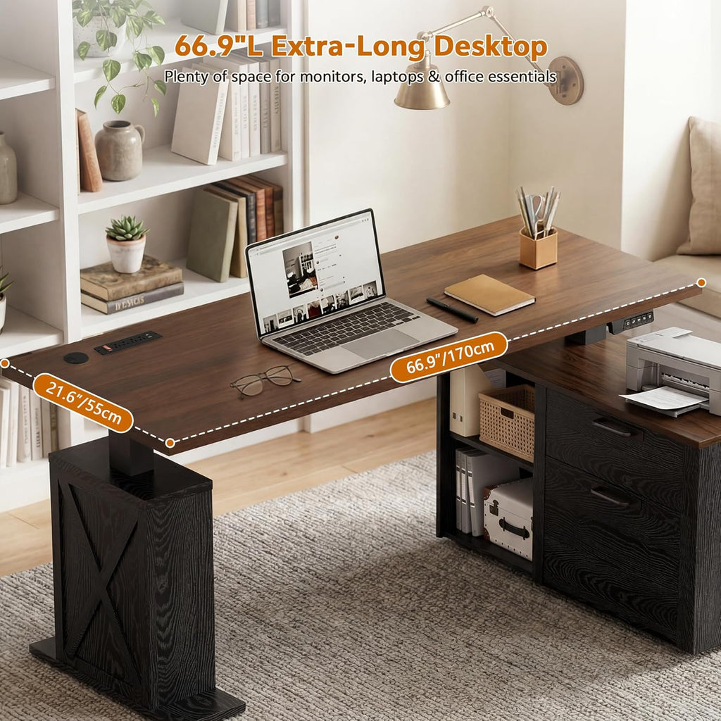 67" L Shaped Standing Desk with Drawers, Electric Height Adjustable Corner Desk, Sit Stand Office Desk with 4 AC Outlets & Type C Port, Executive Computer Desk with Cabinet, Brown & Black