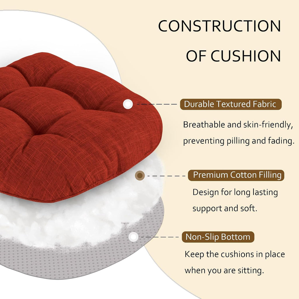 ELFJOY Chair Cushions for Dining Chairs 18" x 18" x 3" Kitchen Chair Cushions Set of 4 Tufted Chair Pads with Ties and Non-Slip Backing Comfortable Seat Cushion for Indoor Dining Room (Rust)