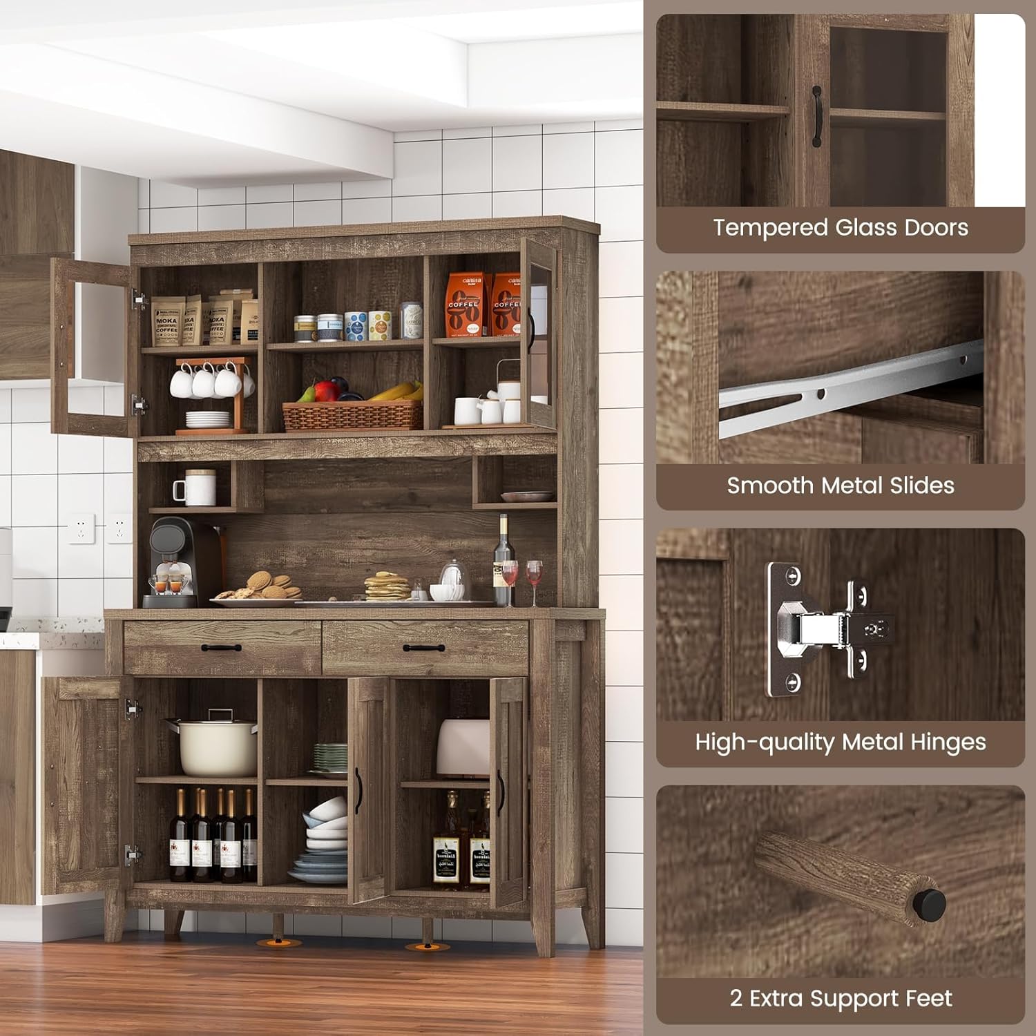 Byroce Kitchen Pantry Cabinet, Farmhouse 78.5” Tall Storage Cabinet w/Countertop, Adjustable Shelves & Drawers, Microwave Shelf w/Hutch, Wooden Buffet Sideboard w/Tempered Glass Doors, Rustic Brown