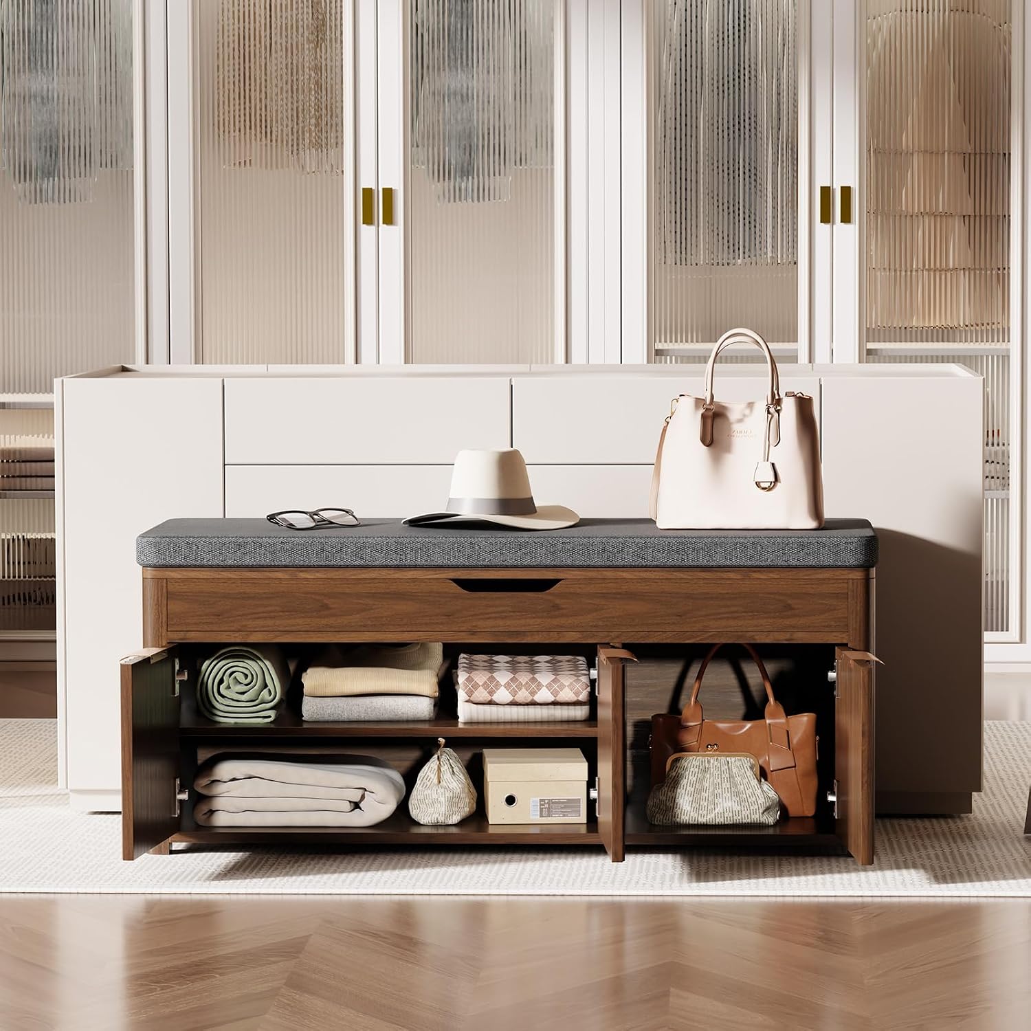 Shoe Bench with Storage, Lift Top Entryway Bench with Hidden Storage, 2-Tier Adjustable Shoe Rack and Cushioned Seat, Wooden End of Bed Bench for Bedroom, Living Room, Hallway, Walnut