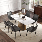 Modern Sintered Stone Dining Table for 6, White Kitchen Table with U-Shaped Gold Carbon Steel Pedestal & Marble Pattern Top, Rounded Corner Design, 63" W Curved Rectangle