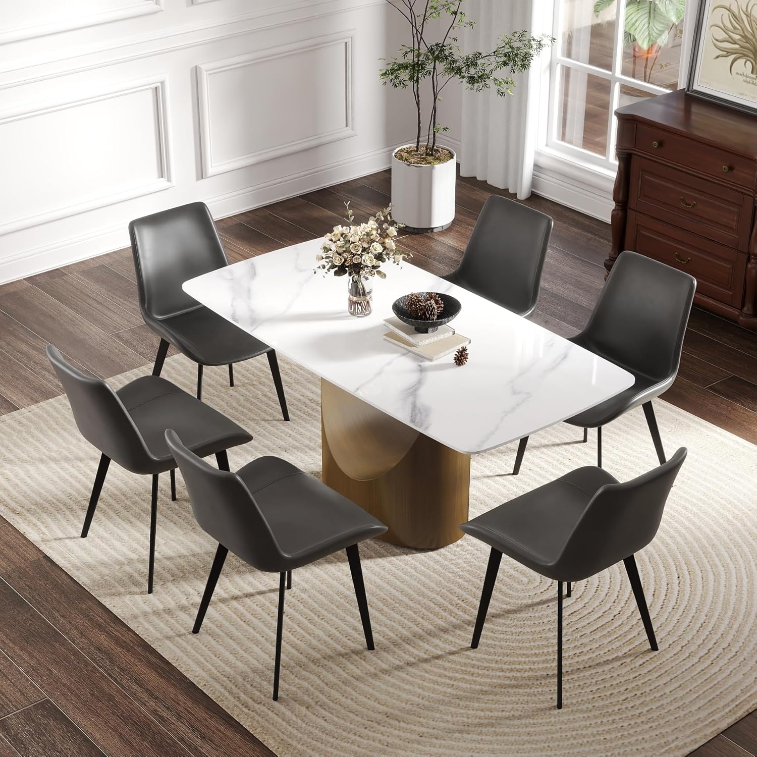 Modern Sintered Stone Dining Table for 6, White Kitchen Table with U-Shaped Gold Carbon Steel Pedestal & Marble Pattern Top, Rounded Corner Design, 63" W Curved Rectangle