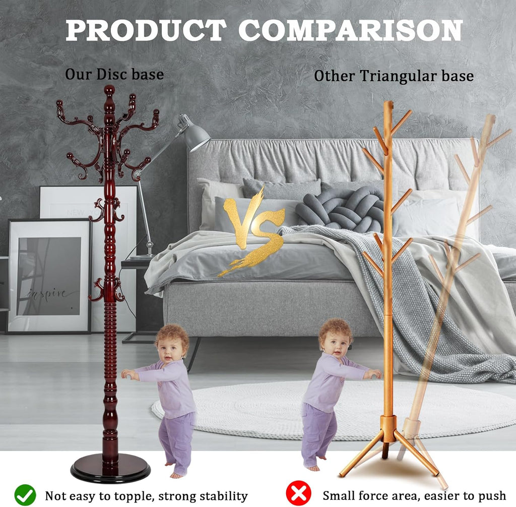 Coat Racks Free Standing with 14 Hooks, Natural Wood Coat Rack with Solid Round Base, Adjustable Height Coat Racks, Easy Assembly for Hallway, Bedroom and Office (Reddish brown)