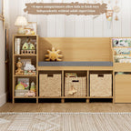 HOSTACK 67" W Kids Reading Nook with Toy Storage Organizer, Large Kids Bookshelf with Toy Storage Box on Wheels, Big Kid Bookcase with Bench and 6 Open Cubbies for Playroom, Kid Room, Natural Oak