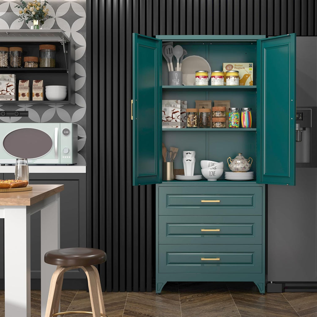 SteeLoong 75" Kitchen Pantry Cabinet with 3 Drawer,Metal Storage Cabinets with Doors and 2 Adjustable Shelves,Green Kitchen Cabinet with 2 Gold Handles,Food Cupboard for Livingroom,Pantry, Bathroom
