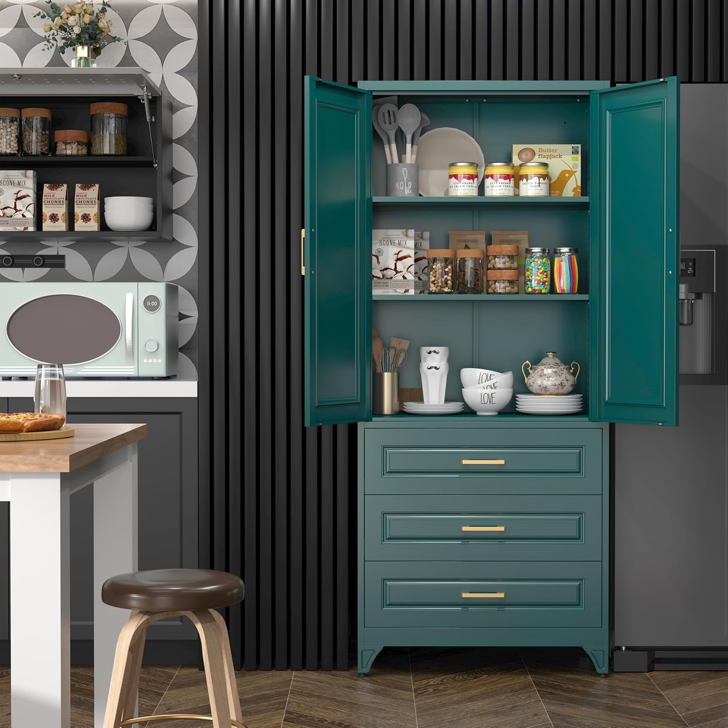 SteeLoong 75" Kitchen Pantry Cabinet with 3 Drawer,Metal Storage Cabinets with Doors and 2 Adjustable Shelves,Green Kitchen Cabinet with 2 Gold Handles,Food Cupboard for Livingroom,Pantry, Bathroom