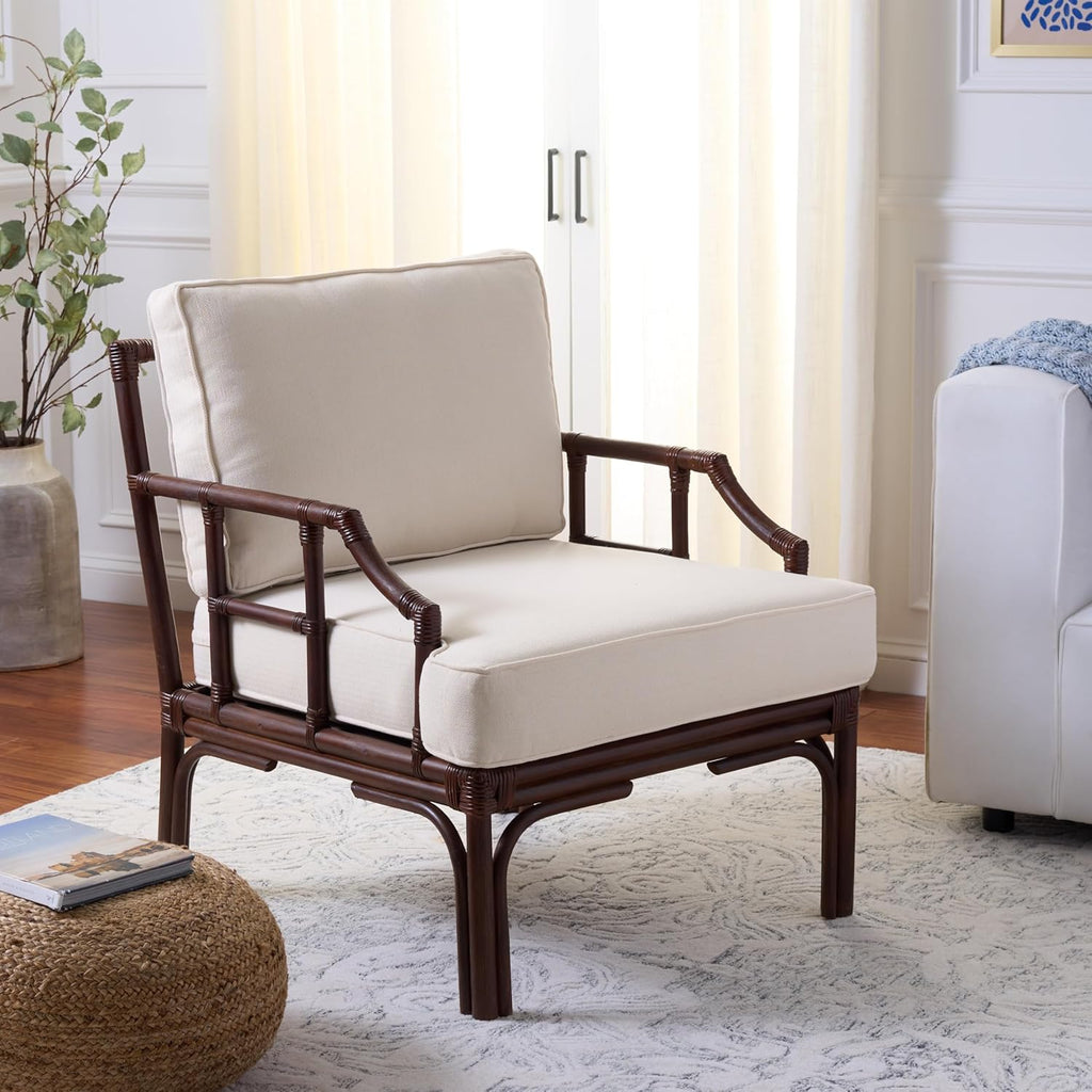 SAFAVIEH Furniture - Kazumi Accent Chair - Coastal Design White Cushion & Chocolate Brown Rattan - Fully Assembled - Ideal for Living Room, Bedroom, Dining Space, 19.7" Seat Height (ACH6508C)