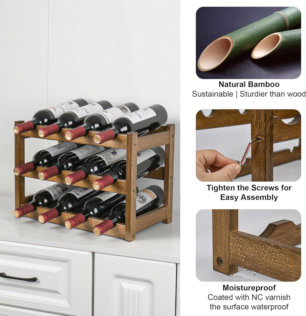 VASMIA Bamboo Wine Rack, Sturdy and Durable Wine Storage Cabinet Shelf, Wine Racks Countertop for Pantry,Kitchen,3-Tier 12 Bottles Wine Rack, Walnut