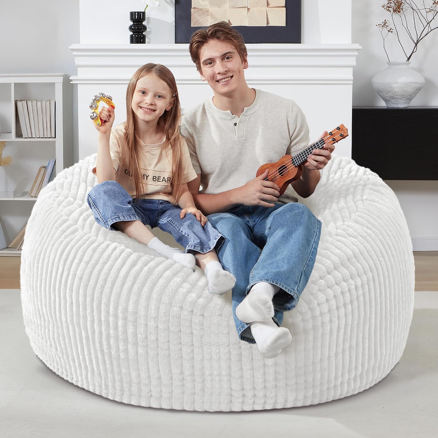 Homguava 3 FT Bean Bag Chair,3' Big Bean Bag,Large Bean Bag Chairs for Adults with Memory Foam Filled,Comfy Beanbag Chairs Soft Bean Bag Sofa with Dutch Corded Plush Cover-Beige