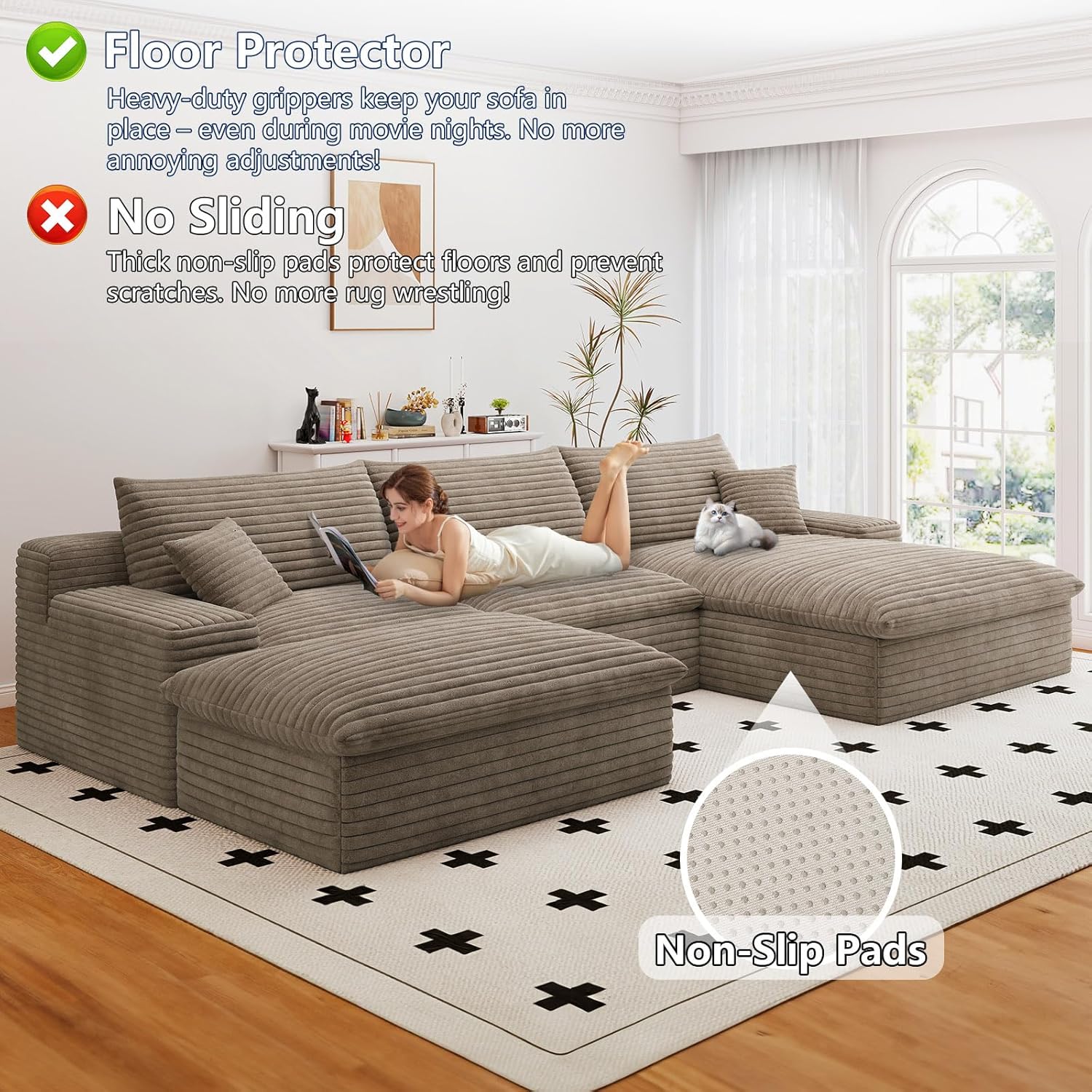 107" Cloud Couch Modular Sectional Sofa for Living Room, U-Shape Boneless Couch with Deep Seat, Modern Corduroy 3-Seater with Ottoman, No Assembly Required (Camel,Right-Facing Chaise)