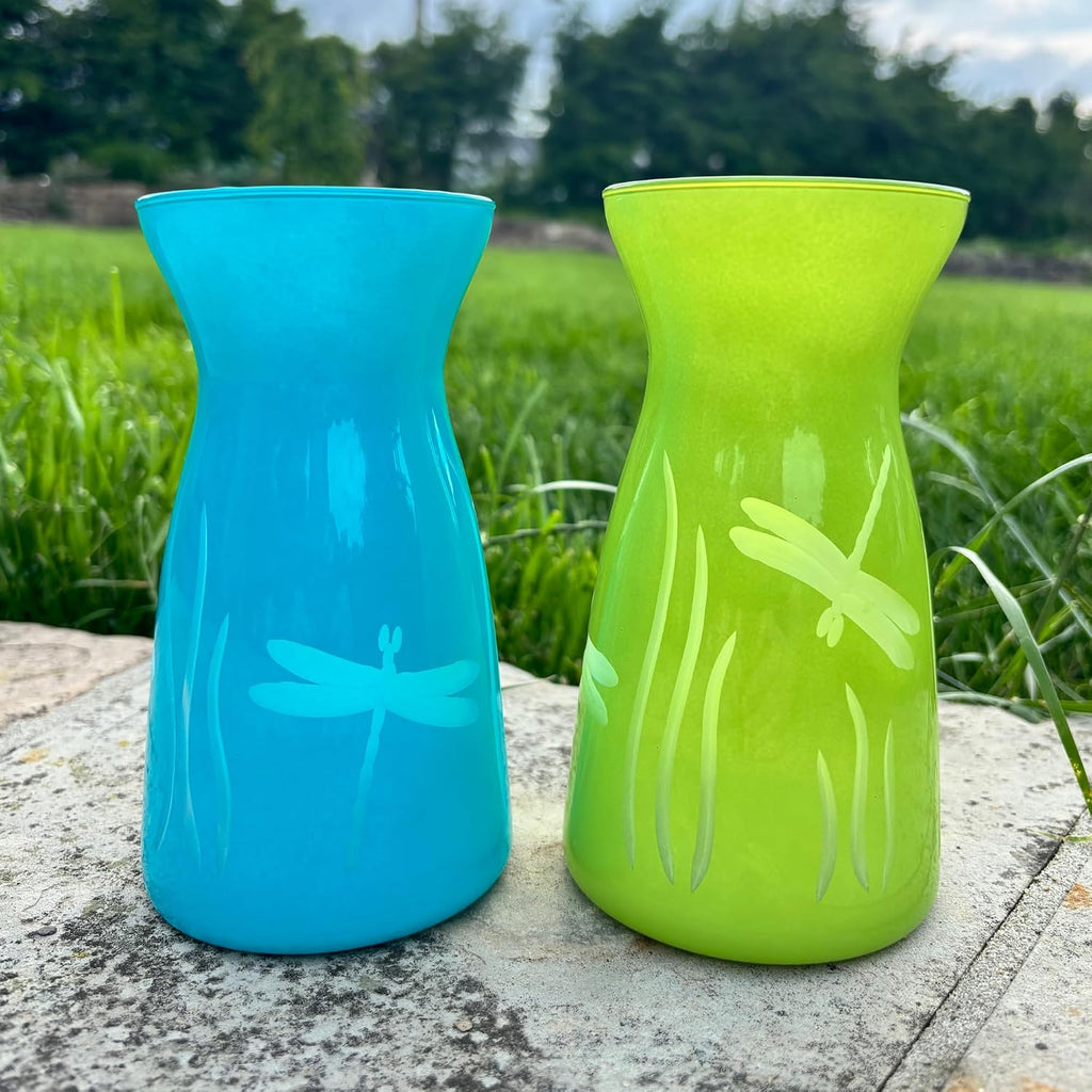 Rolf Glass Dragonfly Colored Glass Vases | 6.5" Flower Vases | Diamond-Wheel Engraved | Designed and Engraved in the US | Bright Blue and Green Glass | Nature-Inspired Design | Set of 2