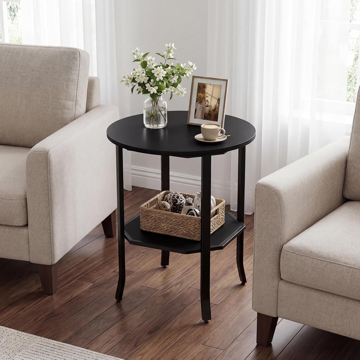 GOFLAME 2-Tier Round End Table, 20” Couch Sofa Side Table with Octagonal Storage Shelf & Metal Frame, Industrial, Modern Bedside Tables, Compact Nightstand for Living Room, Bedroom (Black,1)