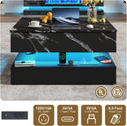 35.4" Large Square Coffee Table with Lifting top,Charging Station,Modern 2-Tier Square Center Table w/Hidden Compartment Storage,Tea Table with Wood Grain for Living Room, Office,Black Marble