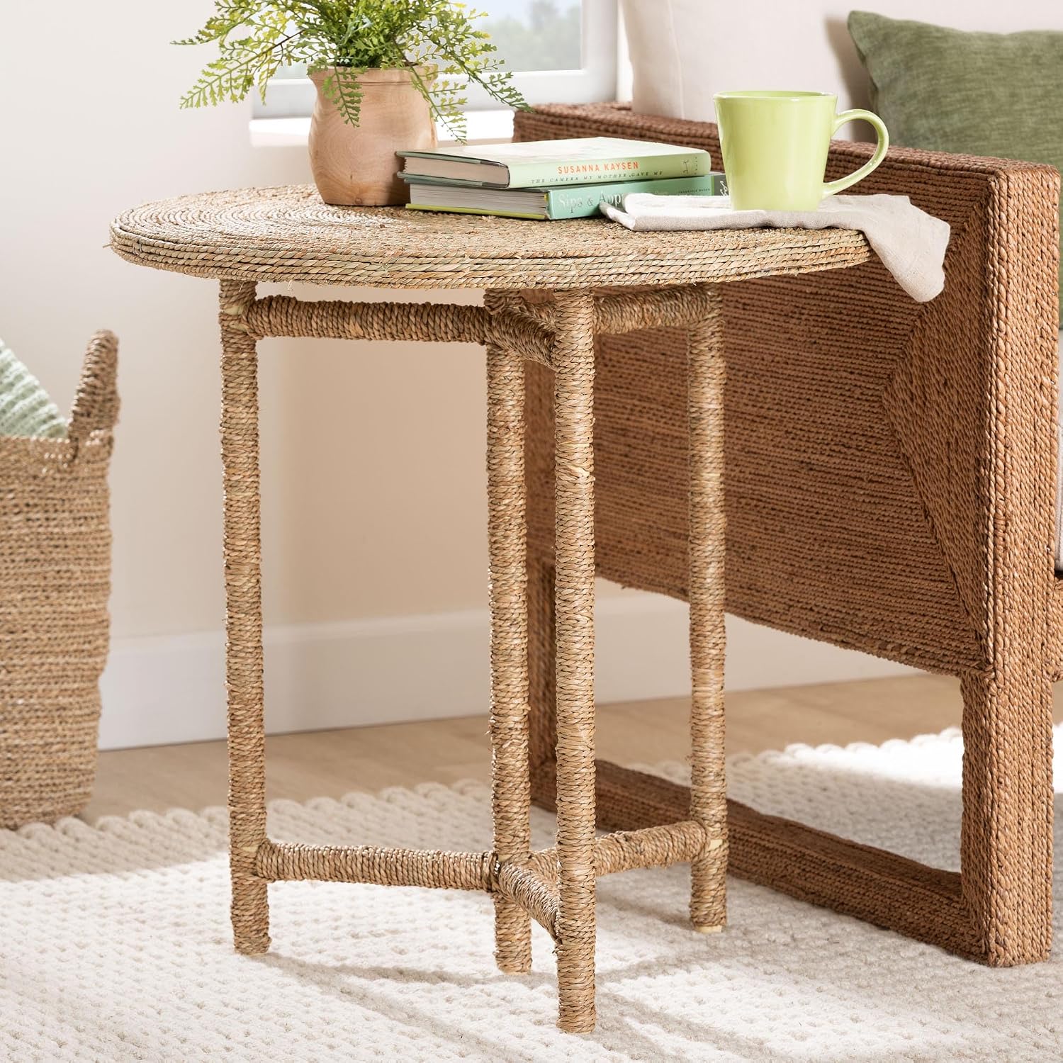 bali & pari Fumito Handwoven Seagrass End Table - Round Boho Side Table