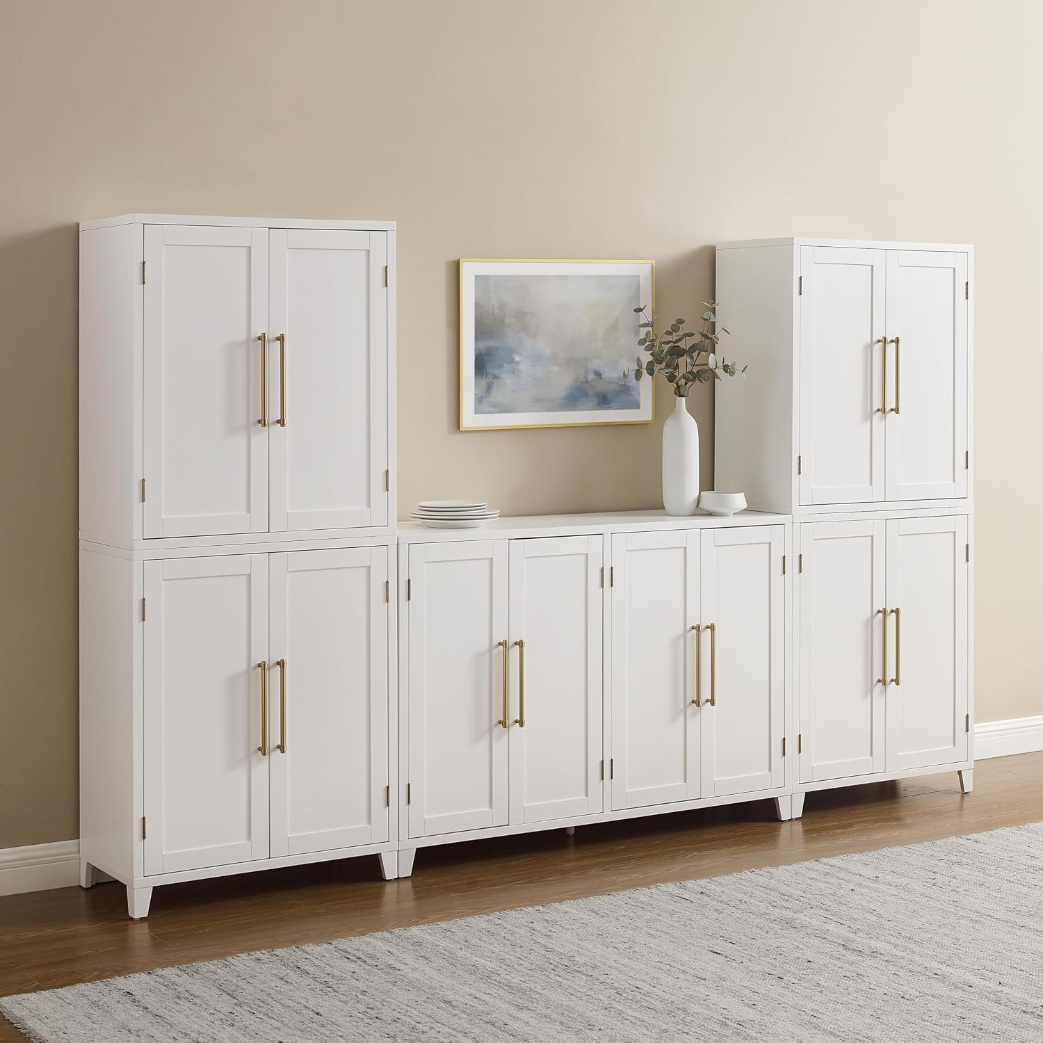 Crosley Furniture Roarke 3-Piece Modern Sideboard Buffet Cabinet and Kitchen Storage Pantry Set, White