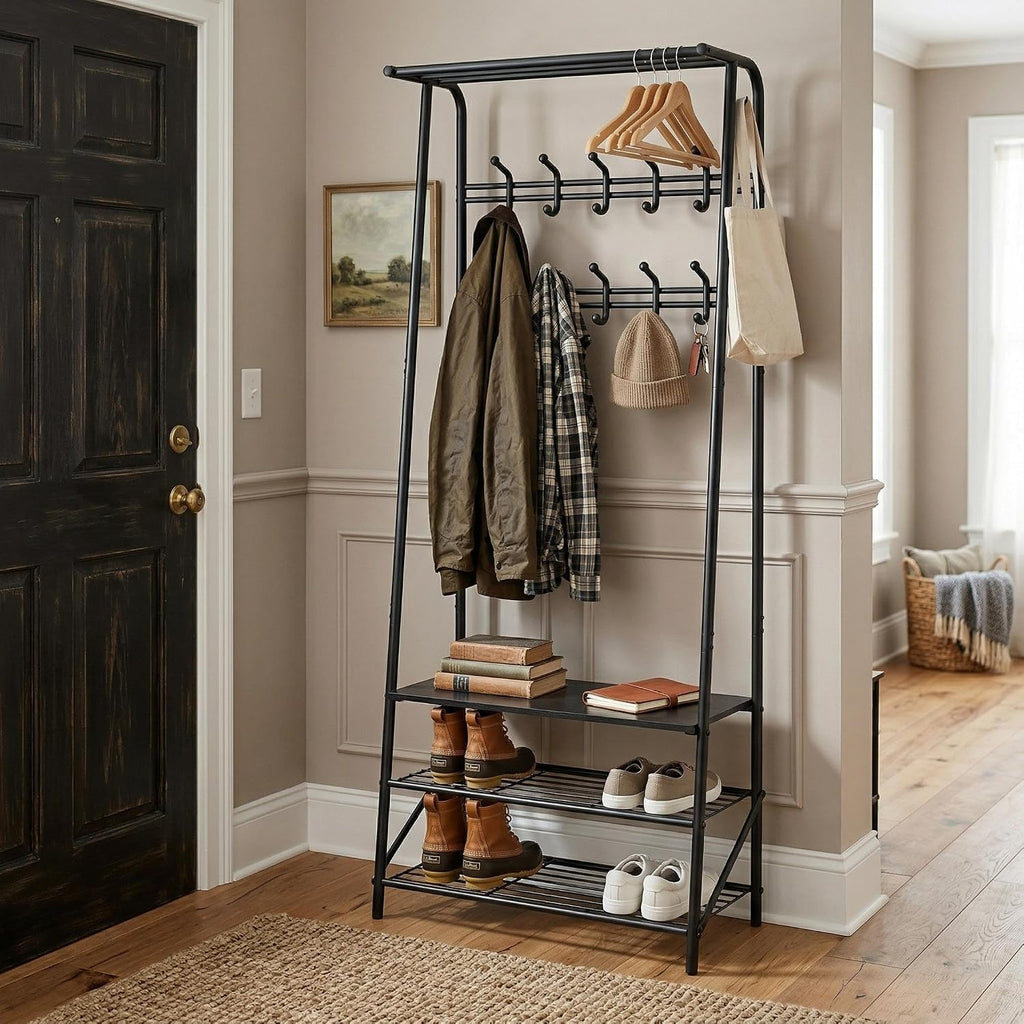 24" Black Hall Tree with Bench and Shoe Storage, Double Row Hooks Coat Rack Freestanding Organizer, Heavy Duty Coat Rack with Shoe Storage, Coat and Shoe Rack Entryway Mudroom Hallway