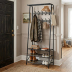 24" Black Hall Tree with Bench and Shoe Storage, Double Row Hooks Coat Rack Freestanding Organizer, Heavy Duty Coat Rack with Shoe Storage, Coat and Shoe Rack Entryway Mudroom Hallway