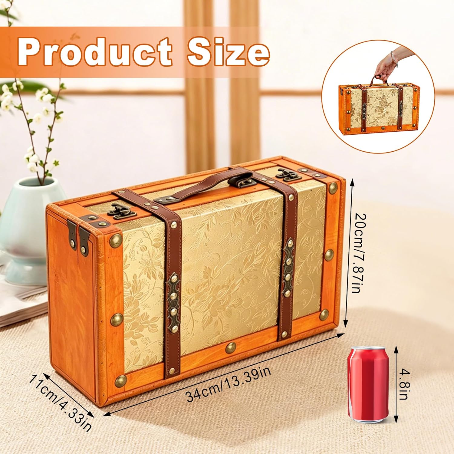 13.4in Vintage Wooden Storage Suitcase,Decorative Storage Box,Antique Treasure Chest with Leather Handle Buckle Clasp,Home Decor Luggage for Travel Party Photo Props Gift
