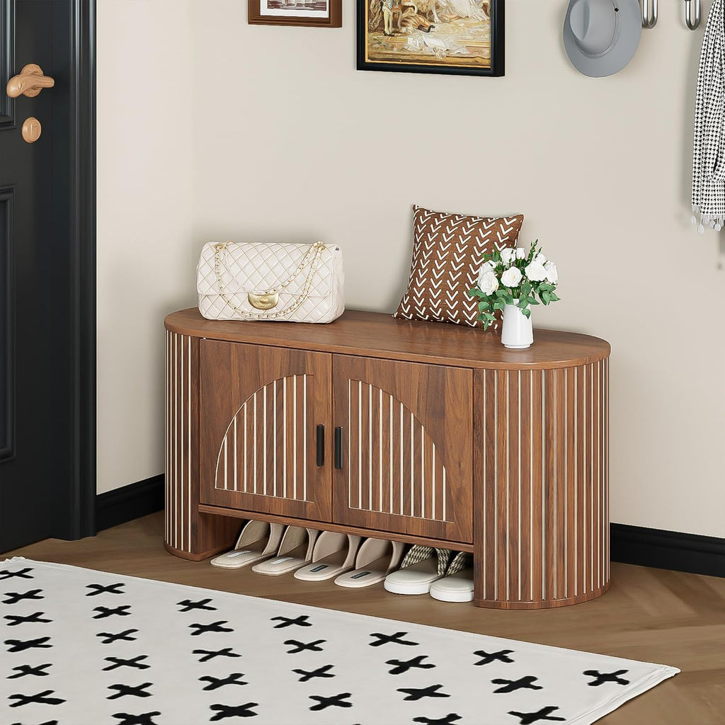 Shoe Storage Bench with Doors and Adjustable Shelf, 2-Tier Entryway Bench with Storage, Wooden Modern Shoe Cabinet Organizer for Entryway, Hallway, Living Room