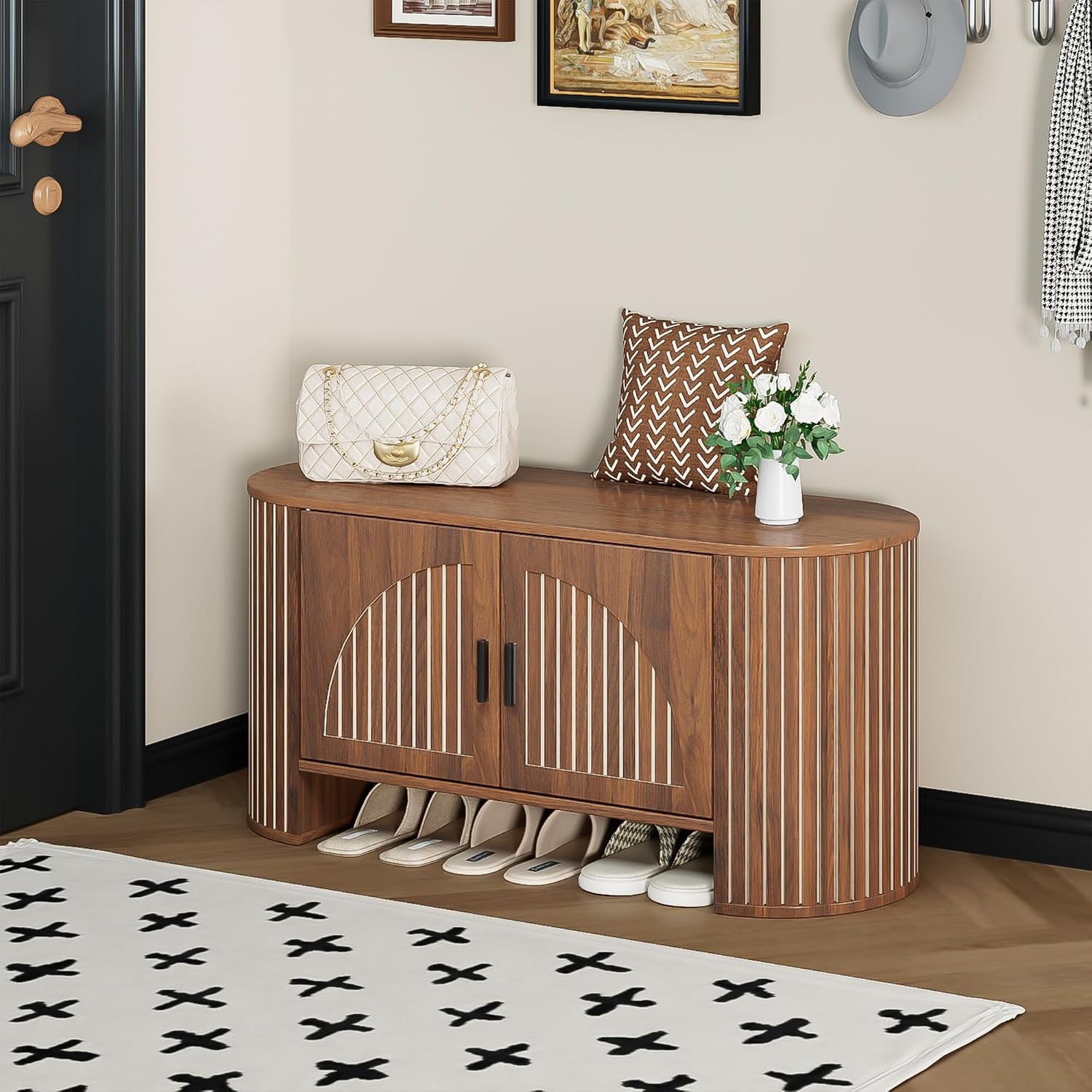 Shoe Storage Bench with Doors and Adjustable Shelf, 2-Tier Entryway Bench with Storage, Wooden Modern Shoe Cabinet Organizer for Entryway, Hallway, Living Room