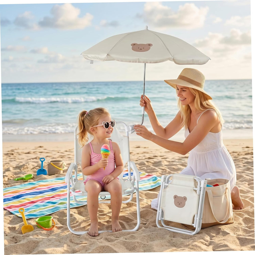 Kids Beach Chair with Umbrella, Foldable Toddler Lawn Chair with Sun Shade for Beach/Pool/Camping/Fishing, Bear Kids with Umbrella, Toddler with, Baby Cha