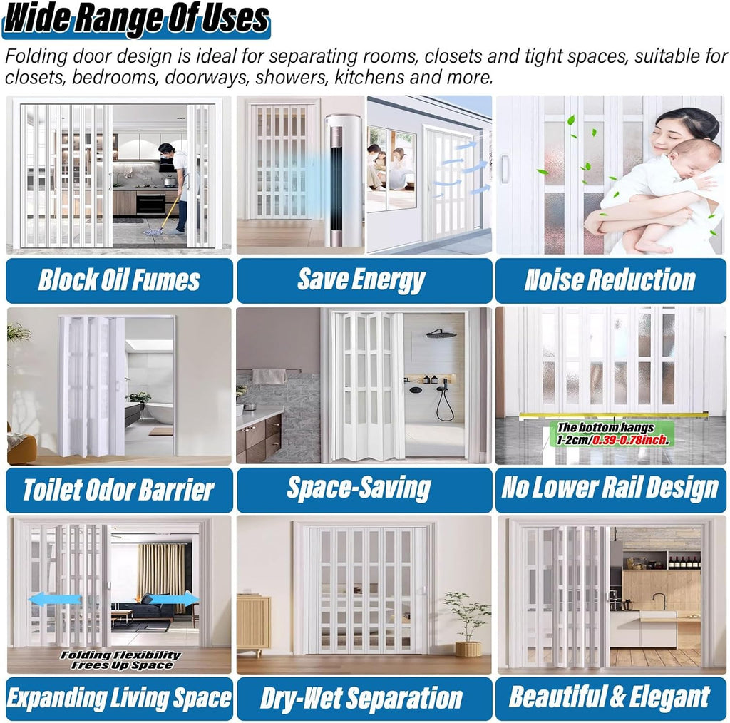 Accordion Folding Door, White Aluminum Alloy Foldable Interior Sliding Door, Room Divider with Top Track for Bathroom Bedroom Kitchen Hallway Doorway