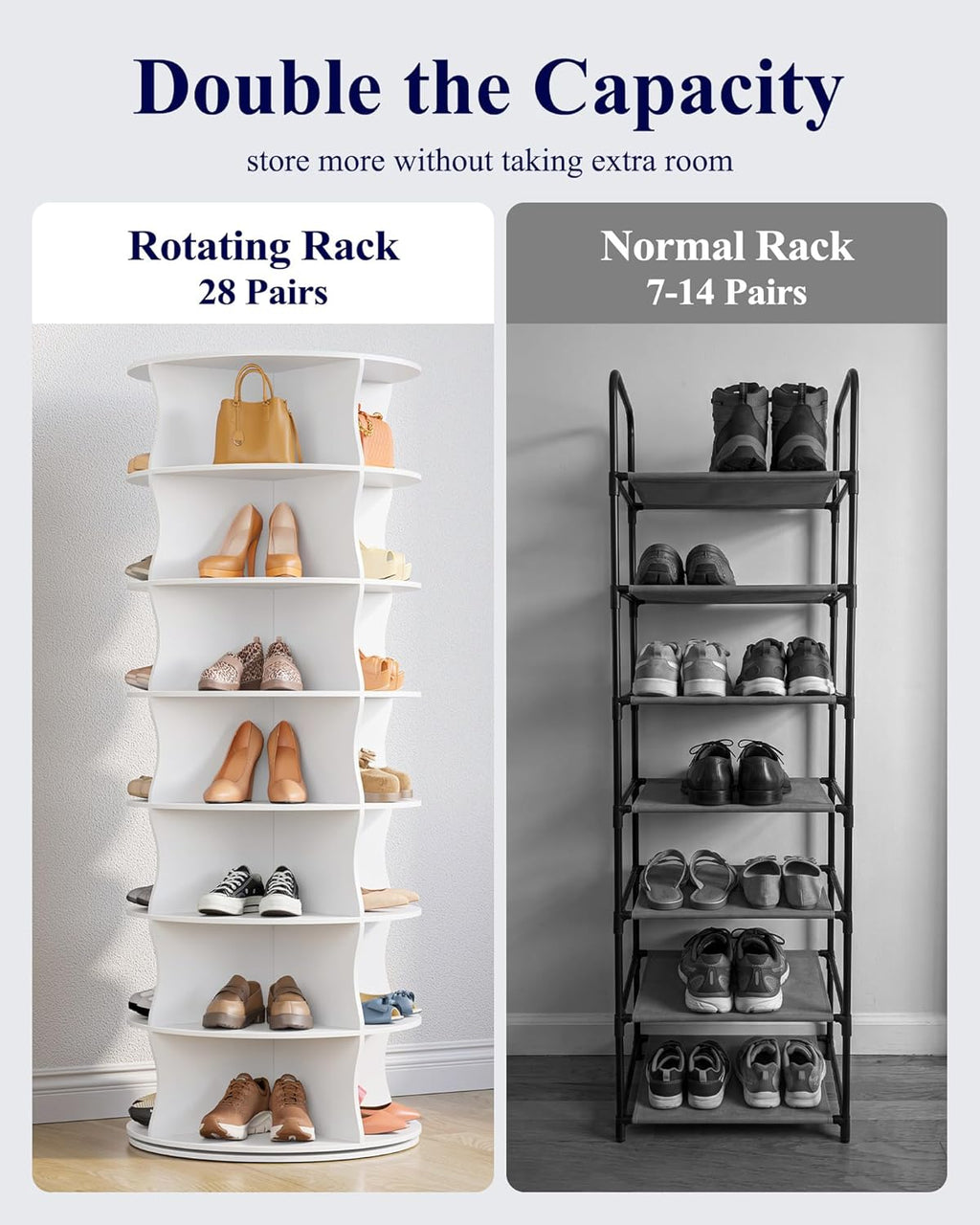 Kitsure Shoe Rack - 7-Tier Rotating Shoe Rack Tower, 360° Revolving Display & Storage Solution with Lazy Susan, Space-Saving Shoe Rack for Entryway, Closet, Bedroom, White