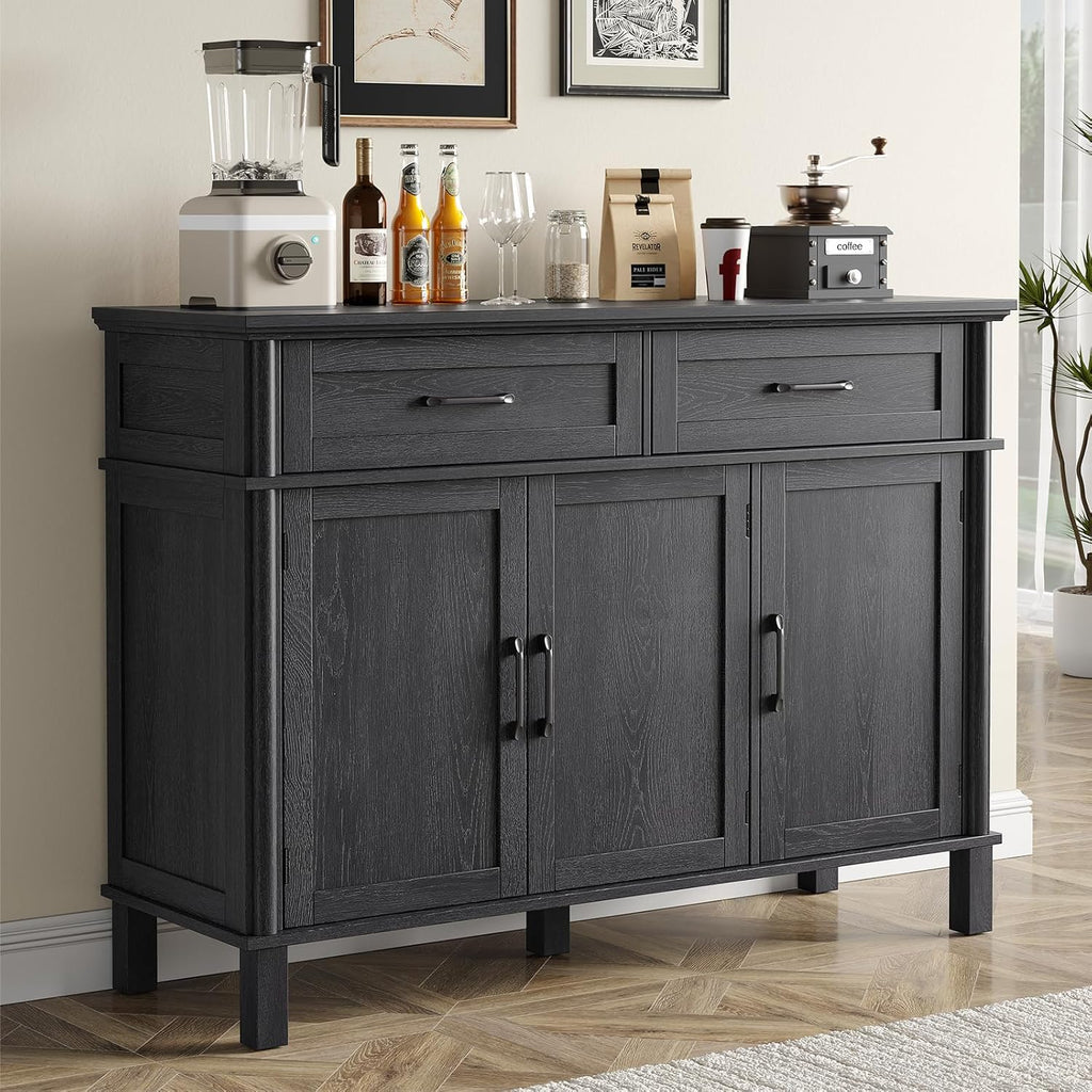 48 Inch Sideboard Buffet Cabinet with Storage, Farmhouse Coffee Bar Cabinet with 2 Drawers, Adjustable Shelves, Wood Sideboard Credenza for Kitchen, Living Room, Entryway, Black