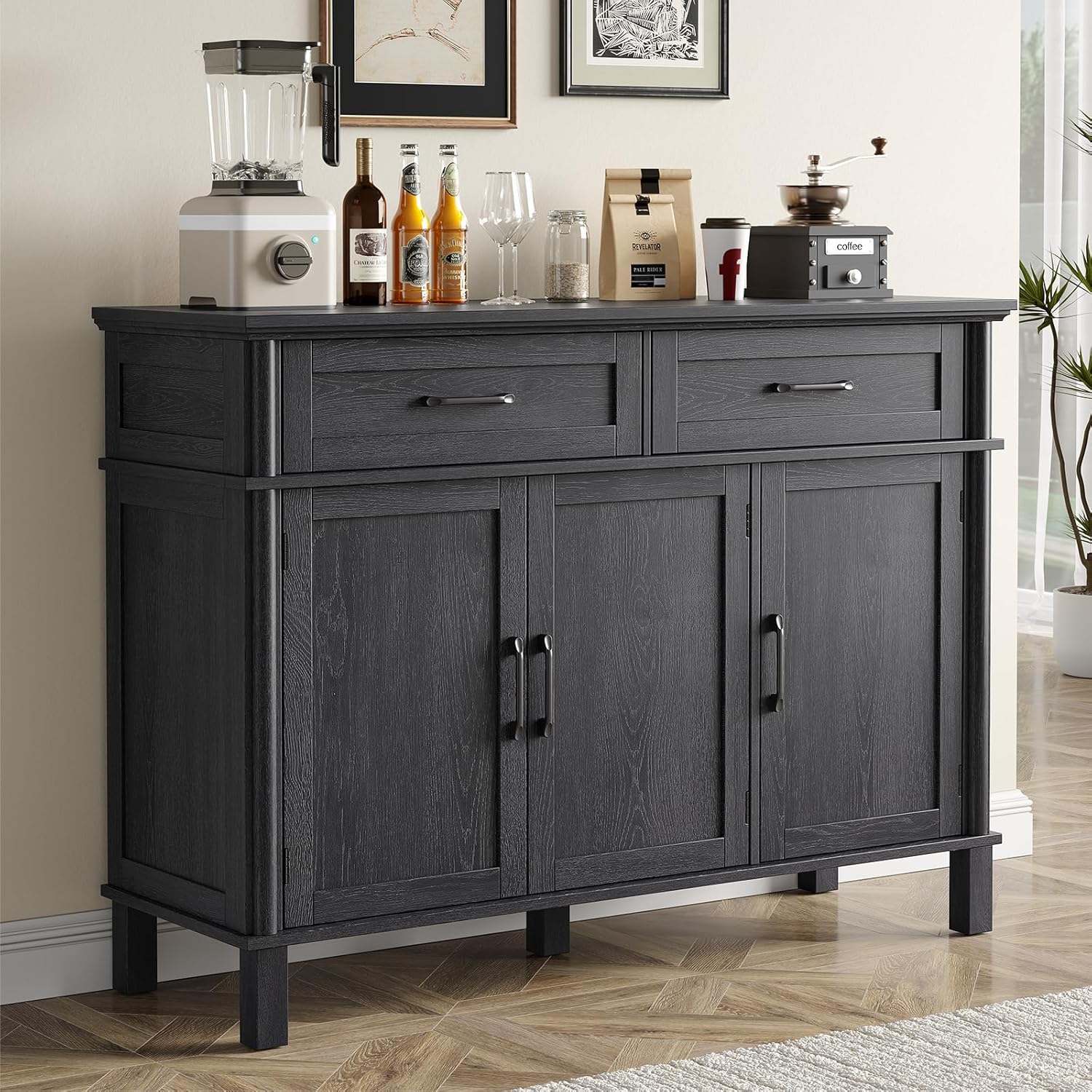 48 Inch Sideboard Buffet Cabinet with Storage, Farmhouse Coffee Bar Cabinet with 2 Drawers, Adjustable Shelves, Wood Sideboard Credenza for Kitchen, Living Room, Entryway, Black