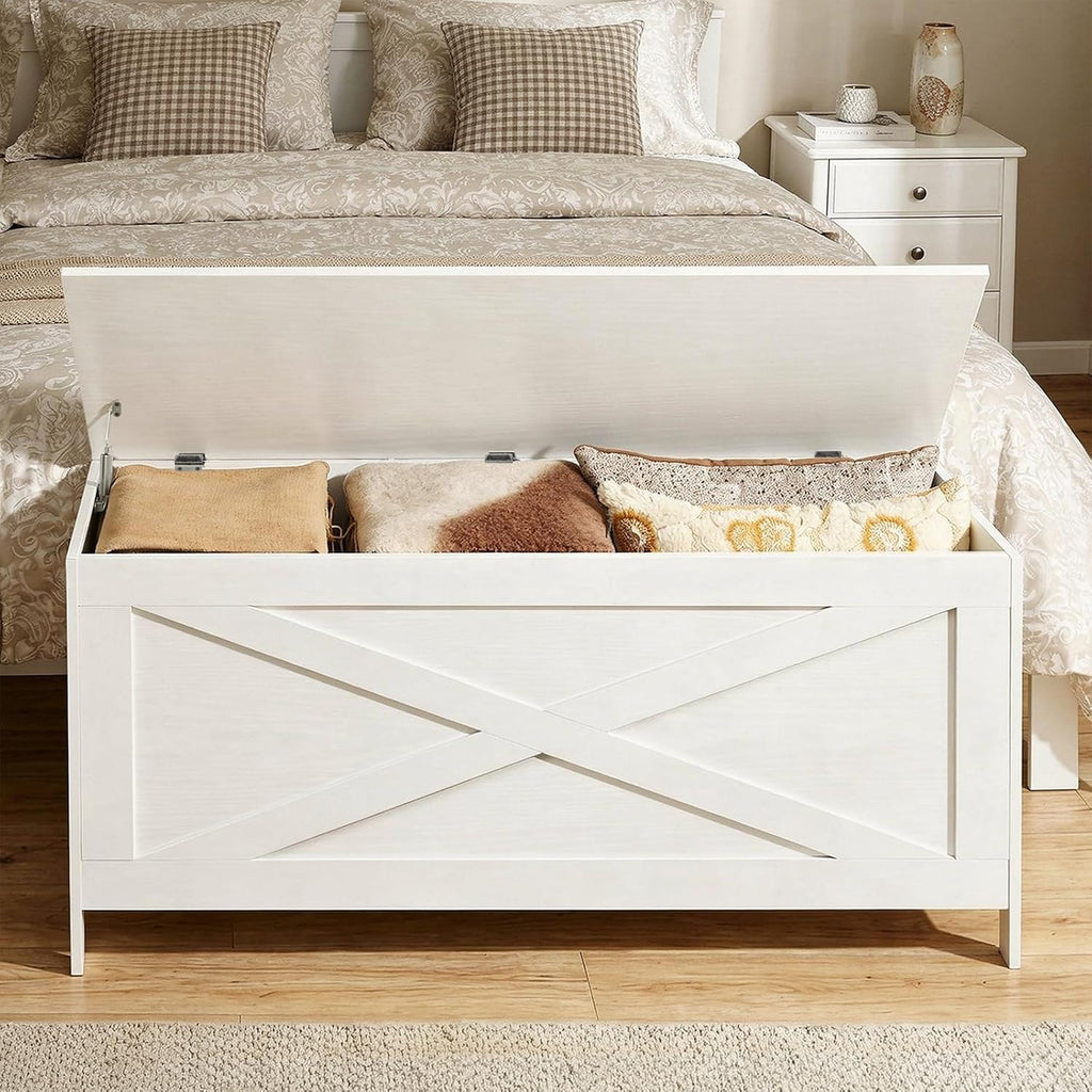 MAHANCRIS 39.4" Toy Chest, Sturdy Entryway Storage Chest with Safety Hinges, Retro Toy Box, Wooden Look Accent Furniture for Living Room, Bedroom, White SCWT48101Z1