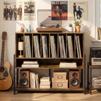 Giantex Large Record Player Stand with Charging Station, Turntable Stand with Storage Shelves & Wheels, Record Storage Table with Adjustable Foot Pads for Living Room, Music Room (Rustic Brown)