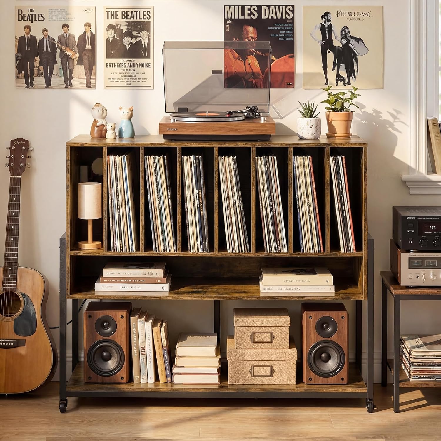 Giantex Large Record Player Stand with Charging Station, Turntable Stand with Storage Shelves & Wheels, Record Storage Table with Adjustable Foot Pads for Living Room, Music Room (Rustic Brown)