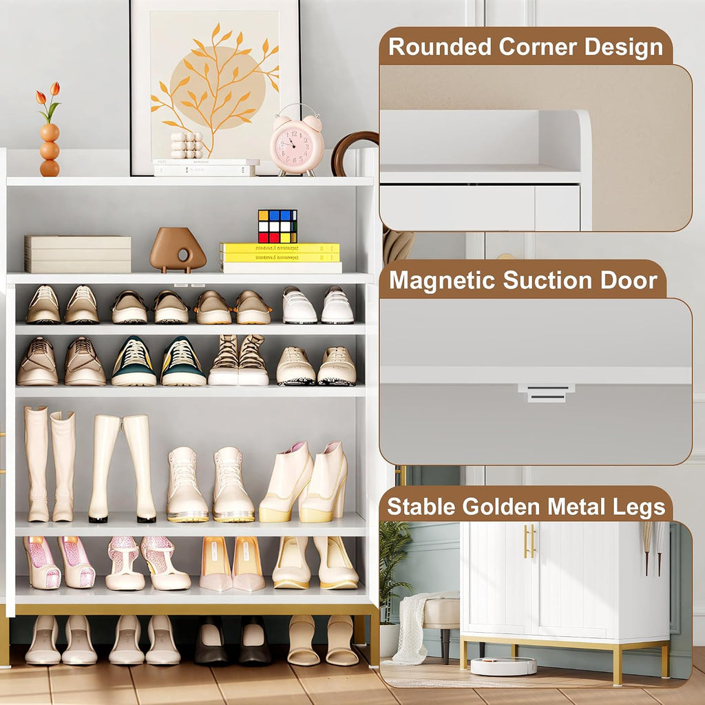 DreamDashio Shoe Cabinet with Adjustable Shelves & Doors, 7-Tier Farmhouse Shoe Storage Cabinet with Golden Metal Legs, 47.2'' Tall Shoes Rack Organizer Cabinet with Open Storage for Entryway, Hallway