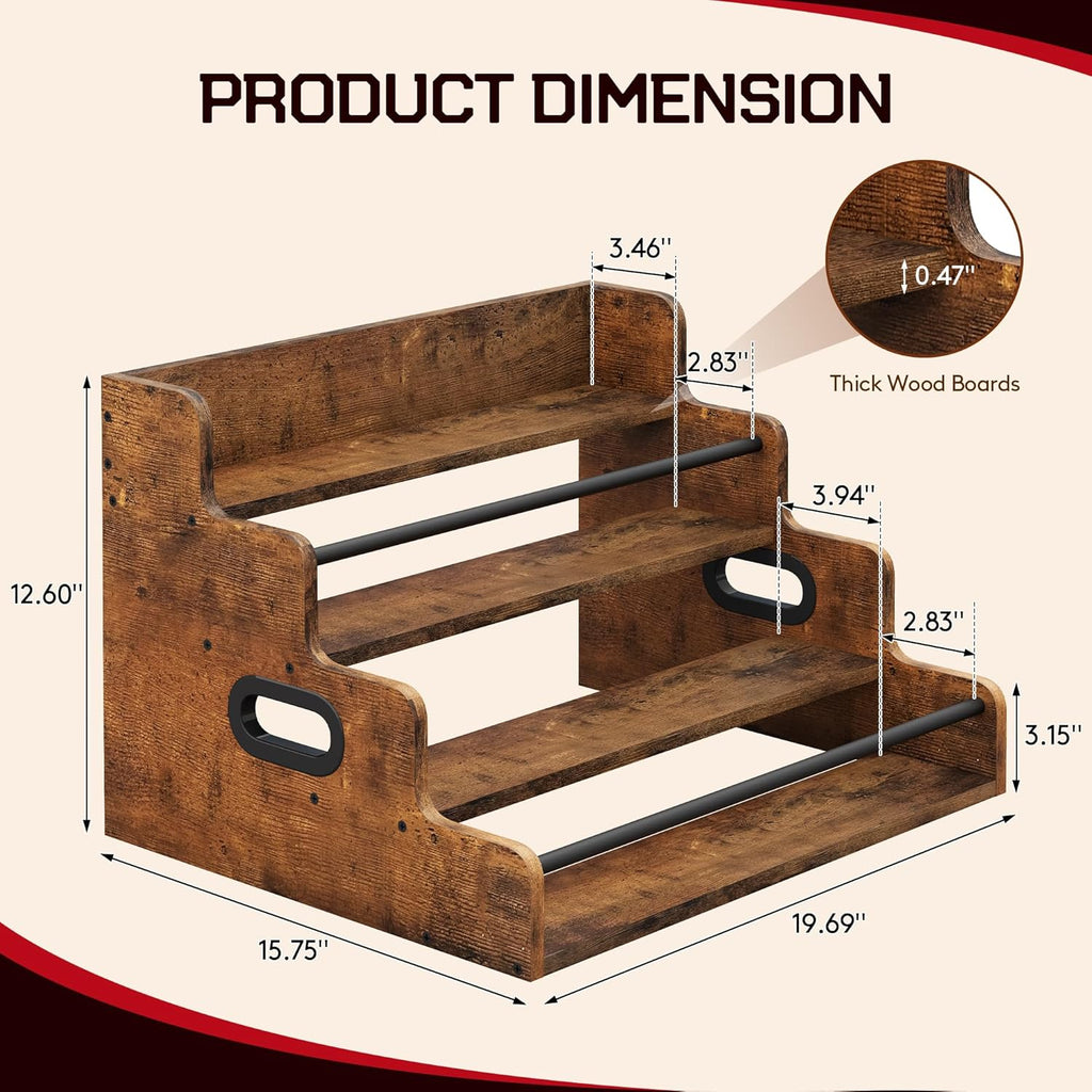 LIVELYGLOW 19.6”W x 15.74" D x 12.5" H Inches Versatile 4-Step Coffee Syrup & Water Bottle Organizer Rack Multi-Functional Retro Display Shelf for Kitchen or Bar, Holds Liquor & Spirits, Wooden