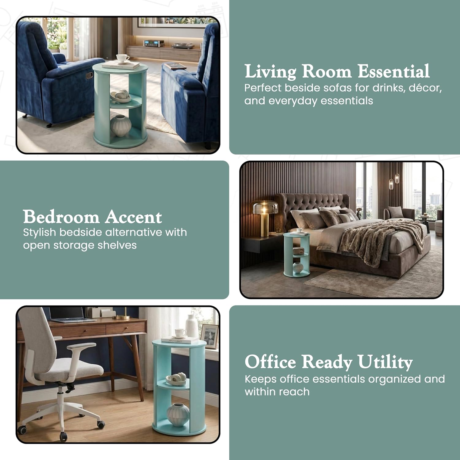 Kings Brand Furniture Round 3-Tier Accent Side Table with Storage Shelves, Wooden End Table Bedside Table for Living Room or Bedroom (Glacier)