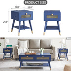 Mid Century Modern End Table for Living Room, Small Side Tables with Charging Station, Outlets and USB Ports, Blue Wood Nightstand with Storage Drawer and Open Shelf