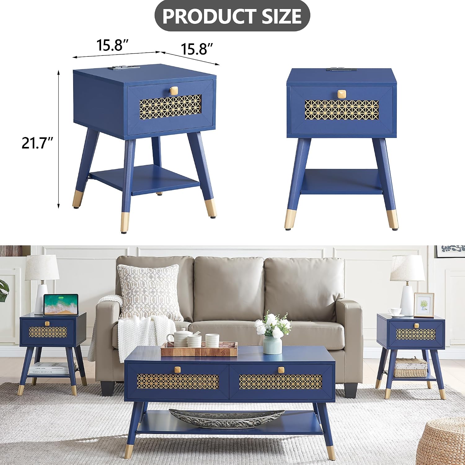 Mid Century Modern End Table for Living Room, Small Side Tables with Charging Station, Outlets and USB Ports, Blue Wood Nightstand with Storage Drawer and Open Shelf