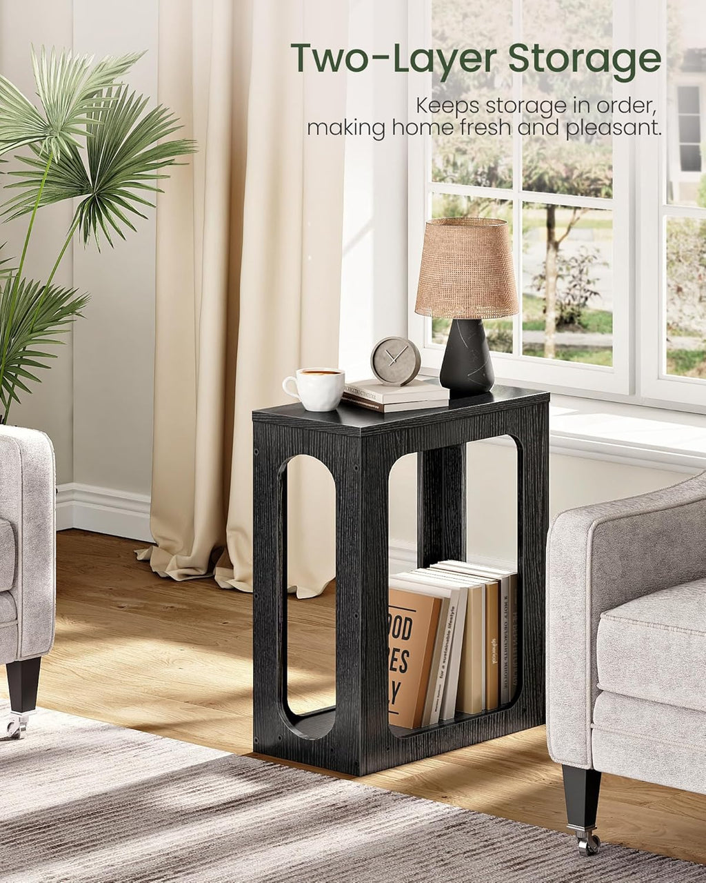CHOEZON Narrow Side Table, Skinny End Table, Small Nightstand, Modern Geometric Structure, 2-Tier Sofa Bedside Partner, for Small Spaces, Living Room, Bedroom, Black MBZ10BB
